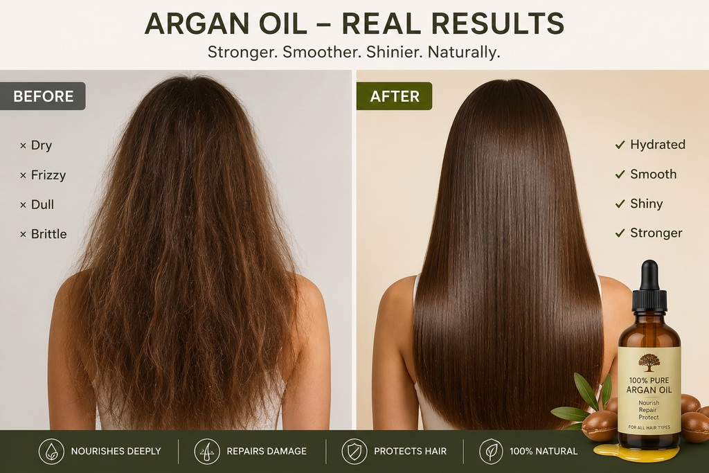 Before and after comparison of hair with argan oil treatment, showing a bottle of argan oil on a beige background.